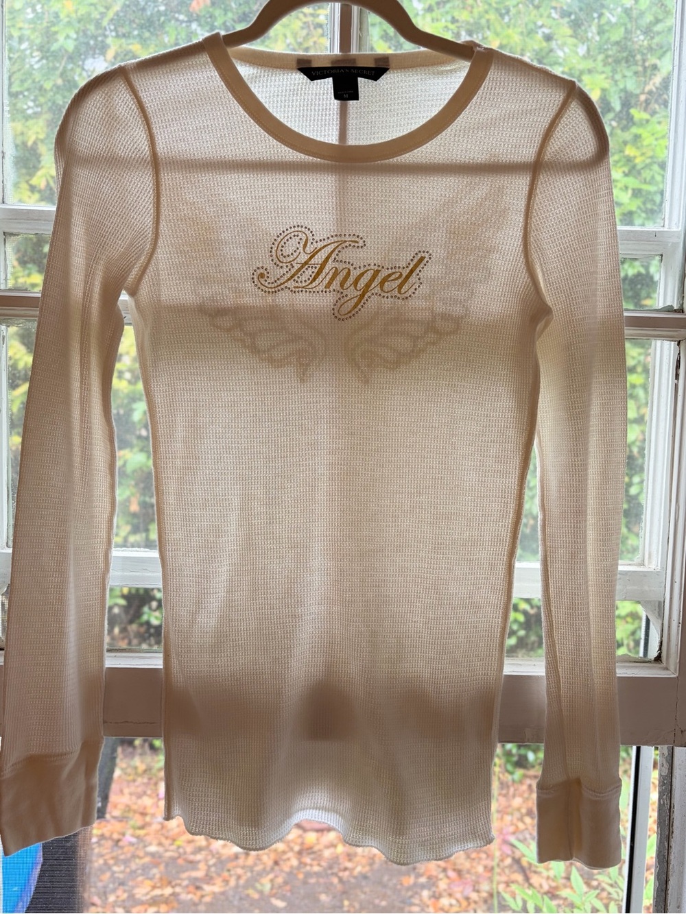 Y2K Authentic Victoria’s Secret Angel Wing Long-Sleeve Sheer Thermal Top - Cream